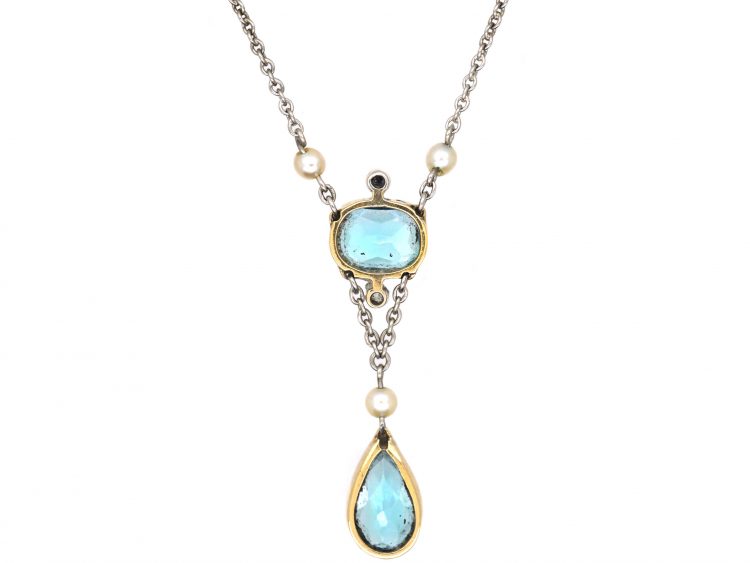 Edwardian Platinum & 15ct Gold Aquamarine,Rose Diamond & Natural Pearl Pendant on a Platinum Chain