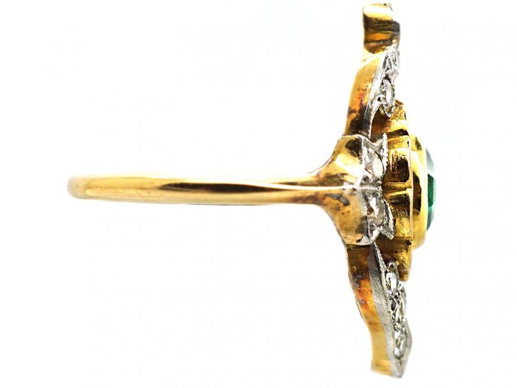 French Belle Epoque 18ct Gold & Platinum, Emerald & Diamond Flower Ring
