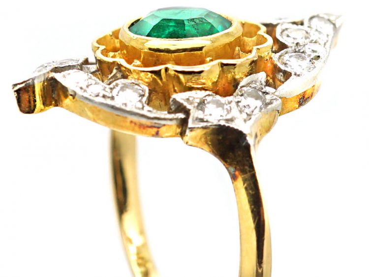 French Belle Epoque 18ct Gold & Platinum, Emerald & Diamond Flower Ring