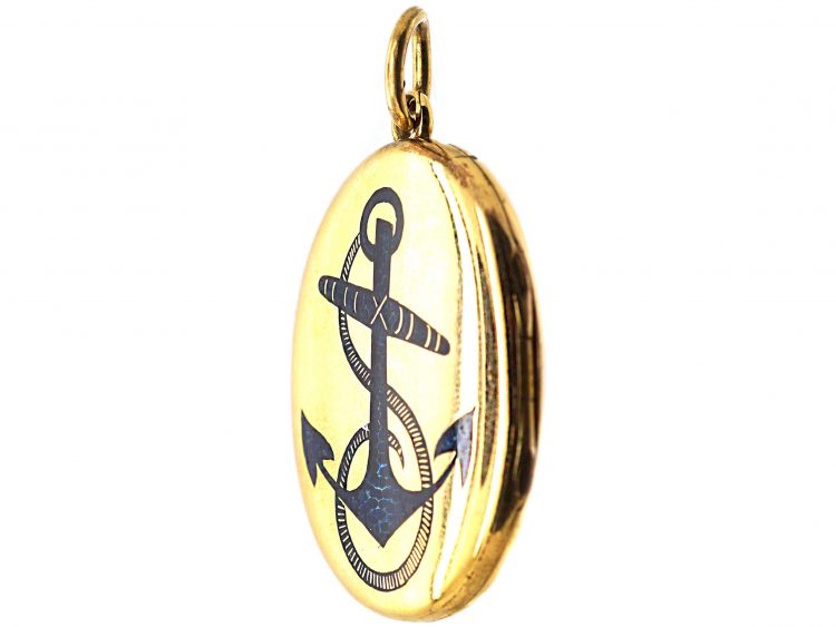 Victorian 18ct Gold Locket with Blue Enamelled Anchor Motif