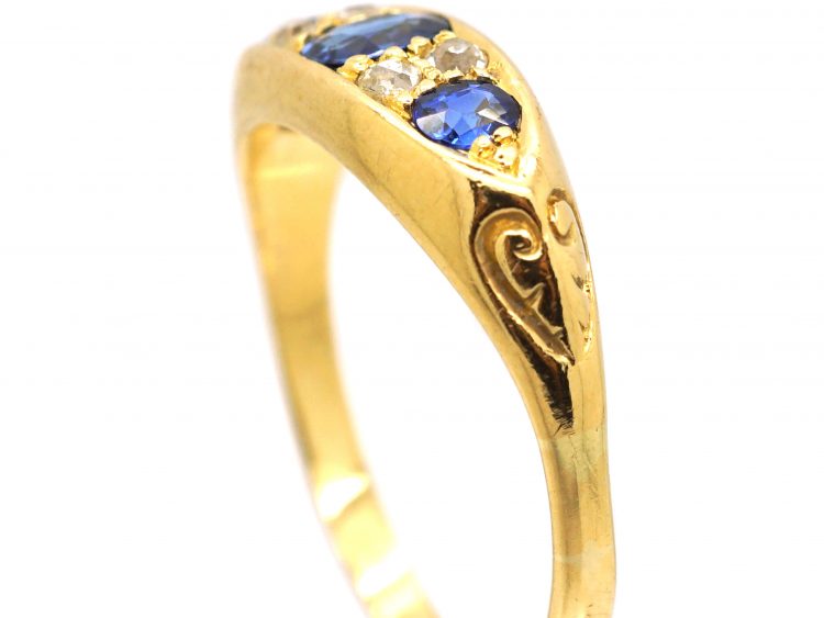 Victorian 18ct Gold, Sapphire & Diamond Three Stone Boat Shaped Ring