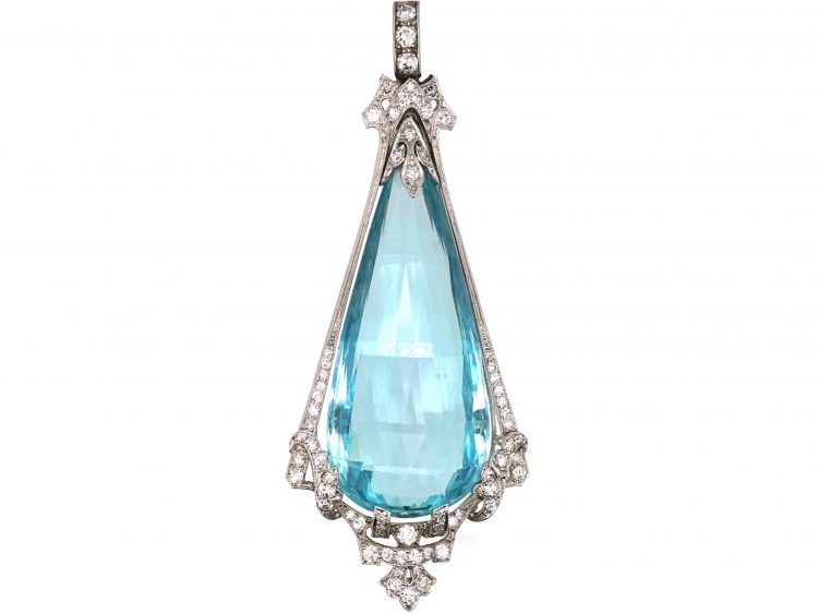 Art Deco Platinum, Large Aquamarine & Diamond Pendant