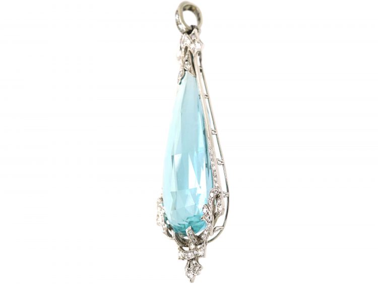 Art Deco Platinum, Large Aquamarine & Diamond Pendant