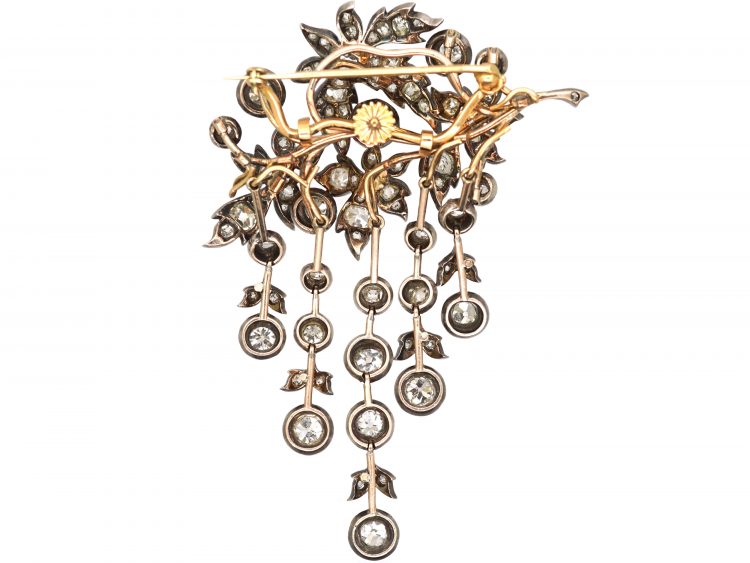 Large French 19th Century Corsage Brooch with Five Drops set with Old Mine Cut Diamonds