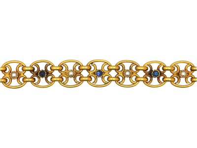 French Late 19th Century 18ct Gold Bracelet set with Cabochon Sapphires & Natural Split Pearls