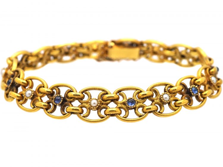 French Late 19th Century 18ct Gold Bracelet set with Cabochon Sapphires & Natural Split Pearls
