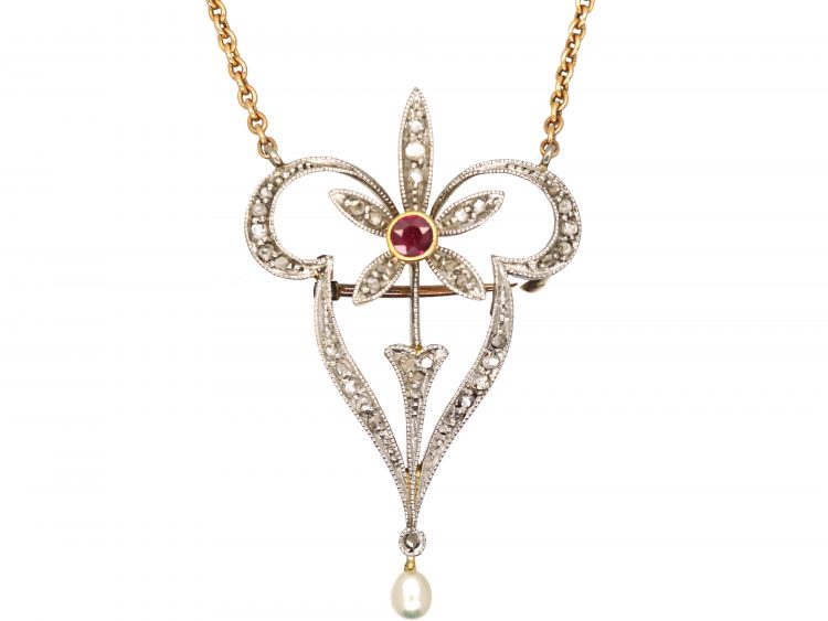 Edwardian 15ct Gold & Platinum Pendant on Chain set with a Ruby, Natural Pearl & Rose Diamonds