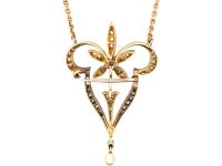 Edwardian 15ct Gold & Platinum Pendant on Chain set with a Ruby, Natural Pearl & Rose Diamonds