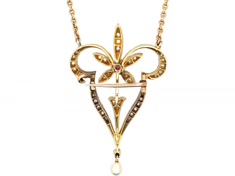 Edwardian 15ct Gold & Platinum Pendant on Chain set with a Ruby, Natural Pearl & Rose Diamonds