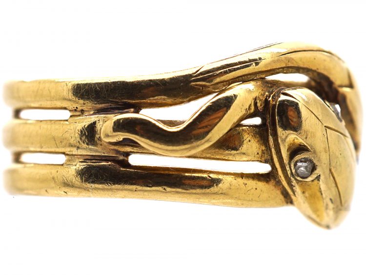 French 19th Century 18ct Gold Double Snake Ring with Diamond Eyes
