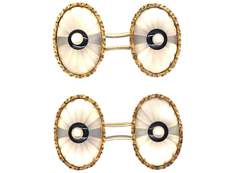 Art Deco 14ct Gold, Rock Crystal, Onyx & Natural Split Pearl Cufflinks
