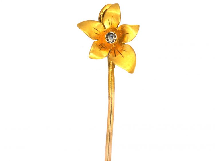 French 18ct Gold Belle Epoque Tie Pin of a Flower set with a Diamond