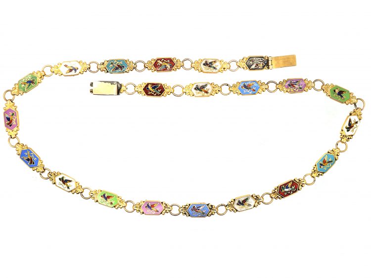 Early 19th Century 15ct Gold & Swiss Enamel Double Sided Necklace with Bird Motifs