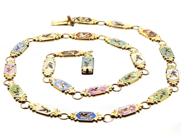 Early 19th Century 15ct Gold & Swiss Enamel Double Sided Necklace with Bird Motifs