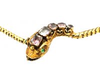 Victorian 15ct Gold Snake Necklace set with Rock Crystal with Emerald Eyes
