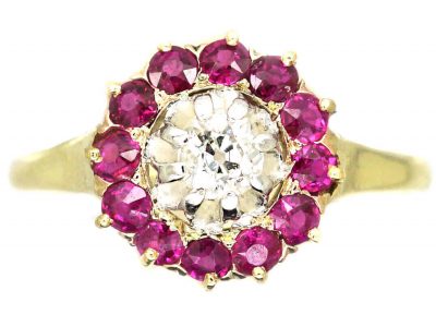 Edwardian 14ct Gold, Ruby & Diamond Cluster Ring