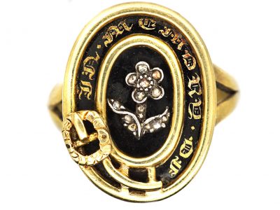 Victorian 9ct Gold & Black Enamel Memorial Ring with a Rose Diamond Forget Me Not