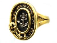 Victorian 9ct Gold & Black Enamel Memorial Ring with a Rose Diamond Forget Me Not