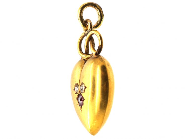 Edwardian 15ct Gold & Gem Set Heart Shaped Pendant with Lover's Knot Above