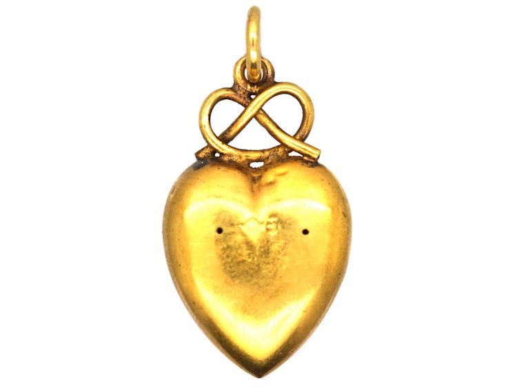 Edwardian 15ct Gold & Gem Set Heart Shaped Pendant with Lover's Knot Above