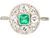Early 20th Century 18ct White Gold & Platinum Emerald & Diamond Cluster Ring