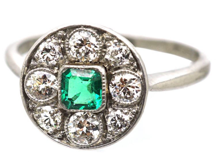 Early 20th Century 18ct White Gold & Platinum Emerald & Diamond Cluster Ring