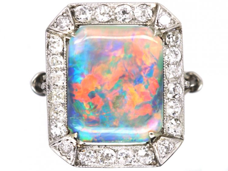 Art Deco Platinum, Black Opal & Diamond Ring