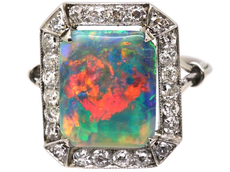 Art Deco Platinum, Black Opal & Diamond Ring