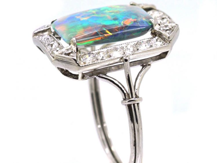 Art Deco Platinum, Black Opal & Diamond Ring