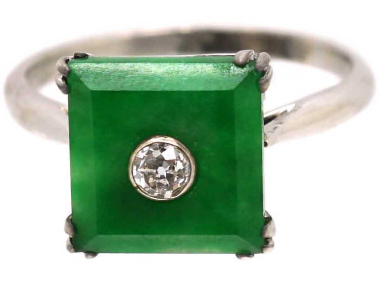 Art Deco Platinum & Jade Square Ring with a Diamond in the Centre
