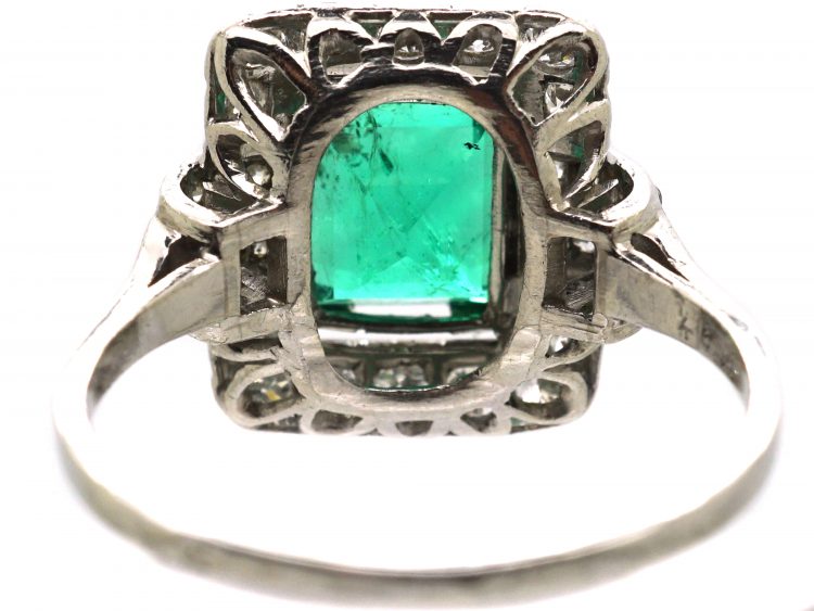 French Import Art Deco Ring Platinum Ring set with a Large Emerald & Diamonds