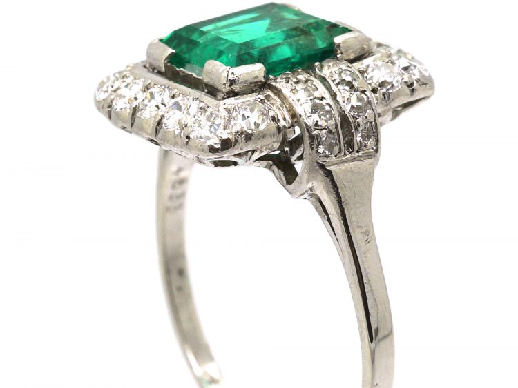 French Import Art Deco Ring Platinum Ring set with a Large Emerald & Diamonds