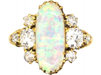 Edwardian 18ct Gold Ring set with a Large Oval Cabochon Cut Opal & Diamonds