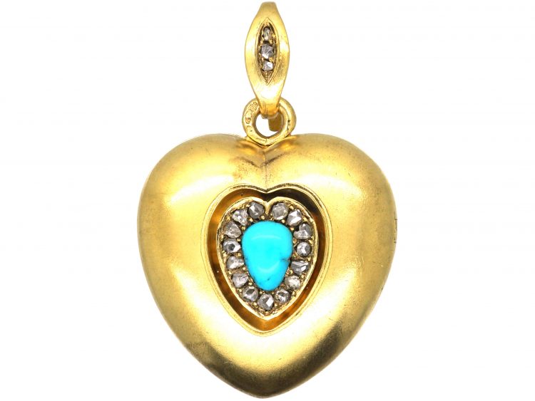 Large Victorian 18ct Gold Heart Locket set with a Turquoise & Rose Diamonds