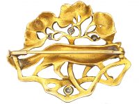 Art Nouveau 18ct Gold & Diamond Brooch of a Fox in Foliage