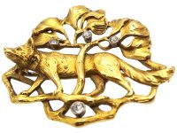 Art Nouveau 18ct Gold & Diamond Brooch of a Fox in Foliage