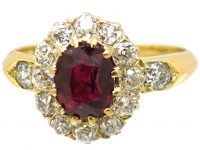 French Early 20th Century Ruby & Diamond Cluster Ring with Diamond Set Shoulders