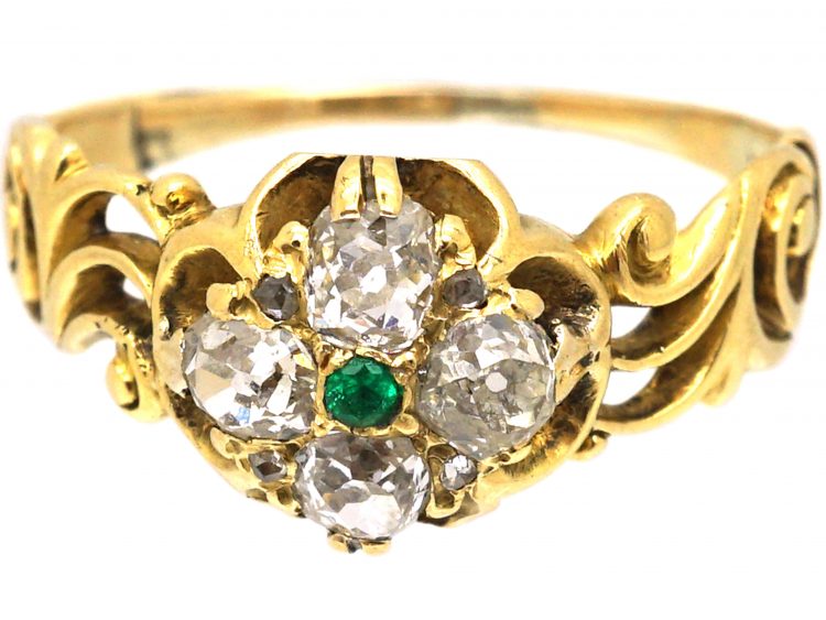 Early 19th Century 18ct Gold Cluster Ring set with Old Mine Cut Diamonds & An Emerald