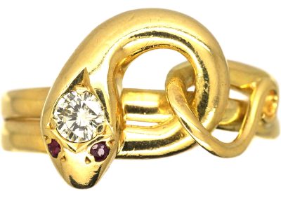 Victorian 18ct Gold Coily Snake Ring set with a Diamond & Ruby Eyes