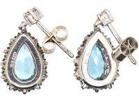 18ct White Gold, Pear Shaped Aquamarine & Diamond Drop Earrings
