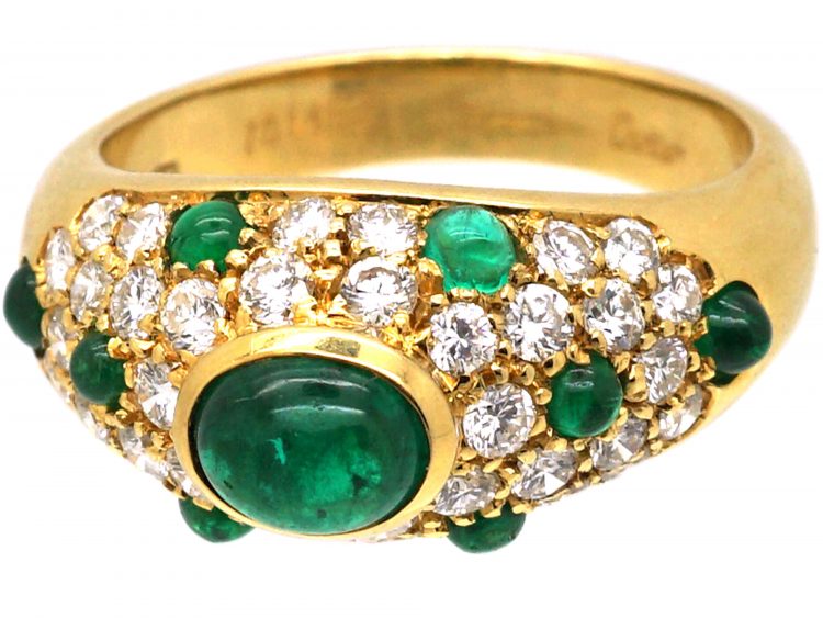 18ct Gold Ring by Cartier set with Cabochon Emeralds & Diamonds