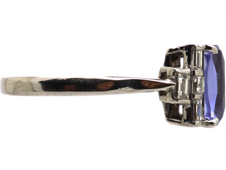 Art Deco Platinum Ring set with a Rectangular Cut Sapphire & Baguette & Square Cut Diamonds