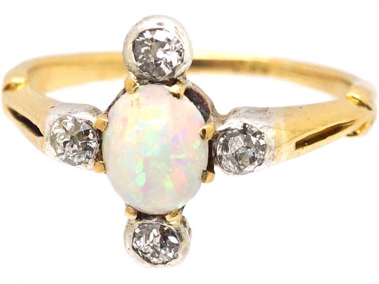 Edwardian 18ct Gold & Platinum, Opal & Diamond Ring