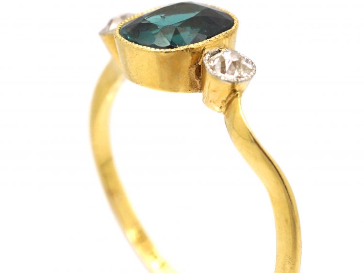 Edwardian 18ct Gold & Platinum, Green Tourmaline & Diamond Three Stone Ring