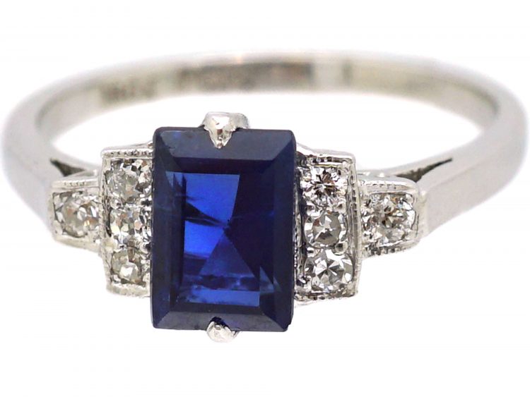Art Deco 18ct White Gold & Platinum Ring set witha Rectangular Sapphire with Diamond Set Step Cut Shoulders