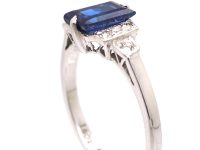 Art Deco 18ct White Gold & Platinum Ring set witha Rectangular Sapphire with Diamond Set Step Cut Shoulders