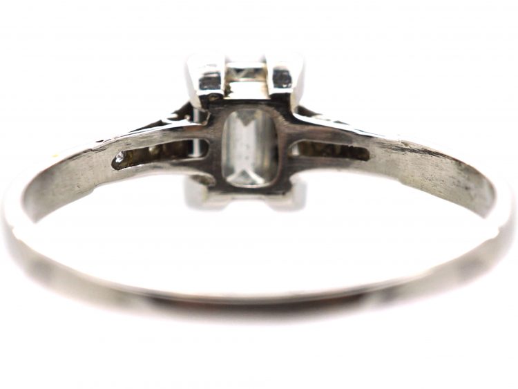 Art Deco Platinum, Rectangular Step Cut Diamond Ring with Diamond Set Shoulders