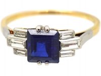Art Deco 18ct Gold & Platinum Ring set with a Sapphire & Baguette Cut Diamonds