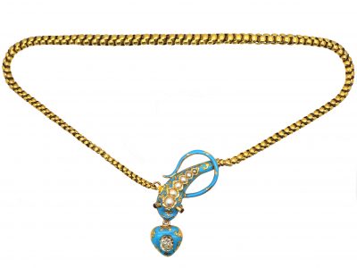 Victorian 18ct Gold,Turquoise Enamel, Natural Split Pearl Snake Necklace with Heart Drop set with a Diamond
