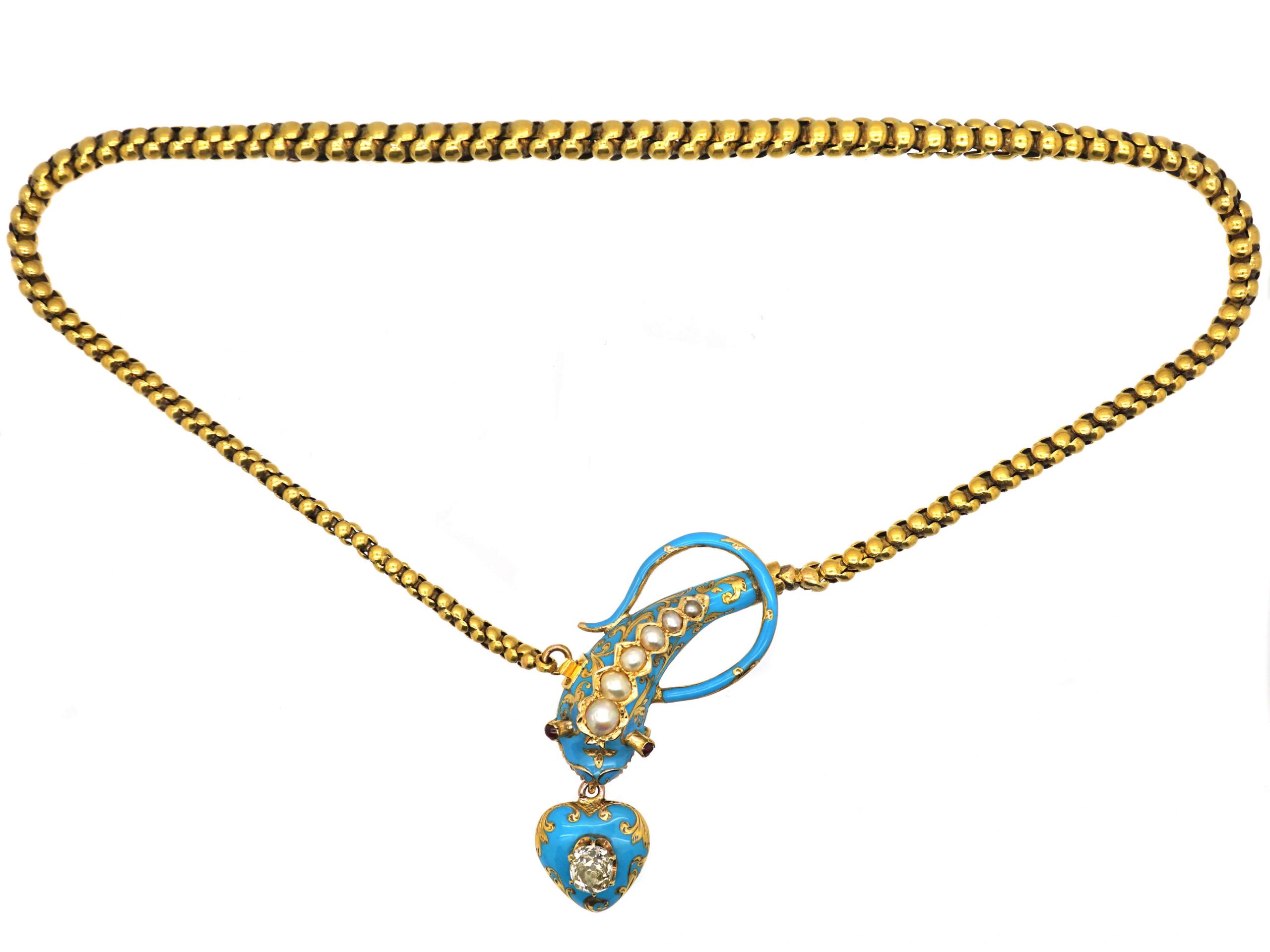 vintage jewelryえす Victorian 18ct Gold,Turquoise Enamel, Natural Split Pearl Snake